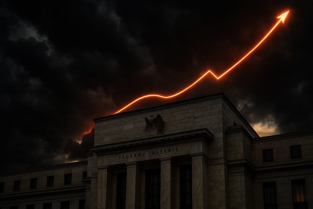 “Federal Reserve building under storm clouds with Treasury yield curve rising, symbolizing September 2025 rate cut paradox.”