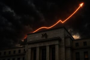 “Federal Reserve building under storm clouds with Treasury yield curve rising, symbolizing September 2025 rate cut paradox.”