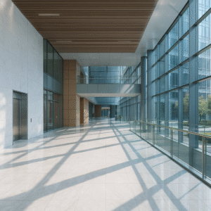 Sunlit corporate lobby of a modern office building, symbolizing stability as credit spreads tightened to historic lows in October 2025.