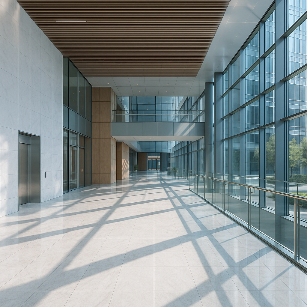 Sunlit corporate lobby of a modern office building, symbolizing stability as credit spreads tightened to historic lows in October 2025.