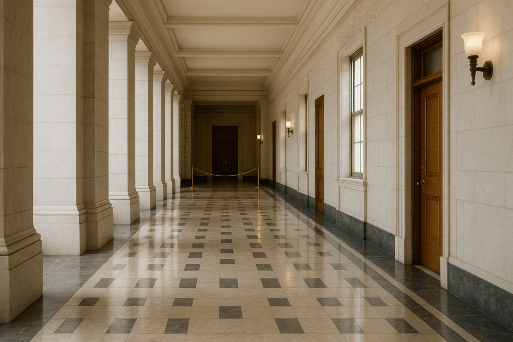 Empty Treasury-style government hallway closed during October 2025 shutdown, symbolizing data blackout and Treasury yield decline.