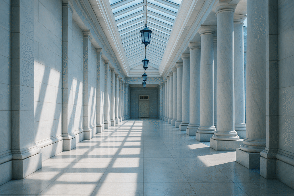 Bright marble government corridor symbolizing October 2025 government shutdown and safe-haven demand as Treasury yields fell below 4%
