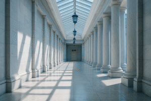 Bright marble government corridor symbolizing October 2025 government shutdown and safe-haven demand as Treasury yields fell below 4%