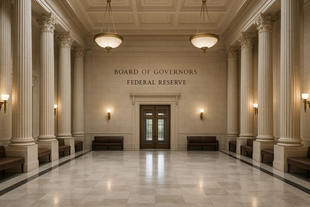 Photorealistic lobby of the Federal Reserve Board of Governors with marble columns, symmetrical architecture, and warm lighting in an institutional financial setting.