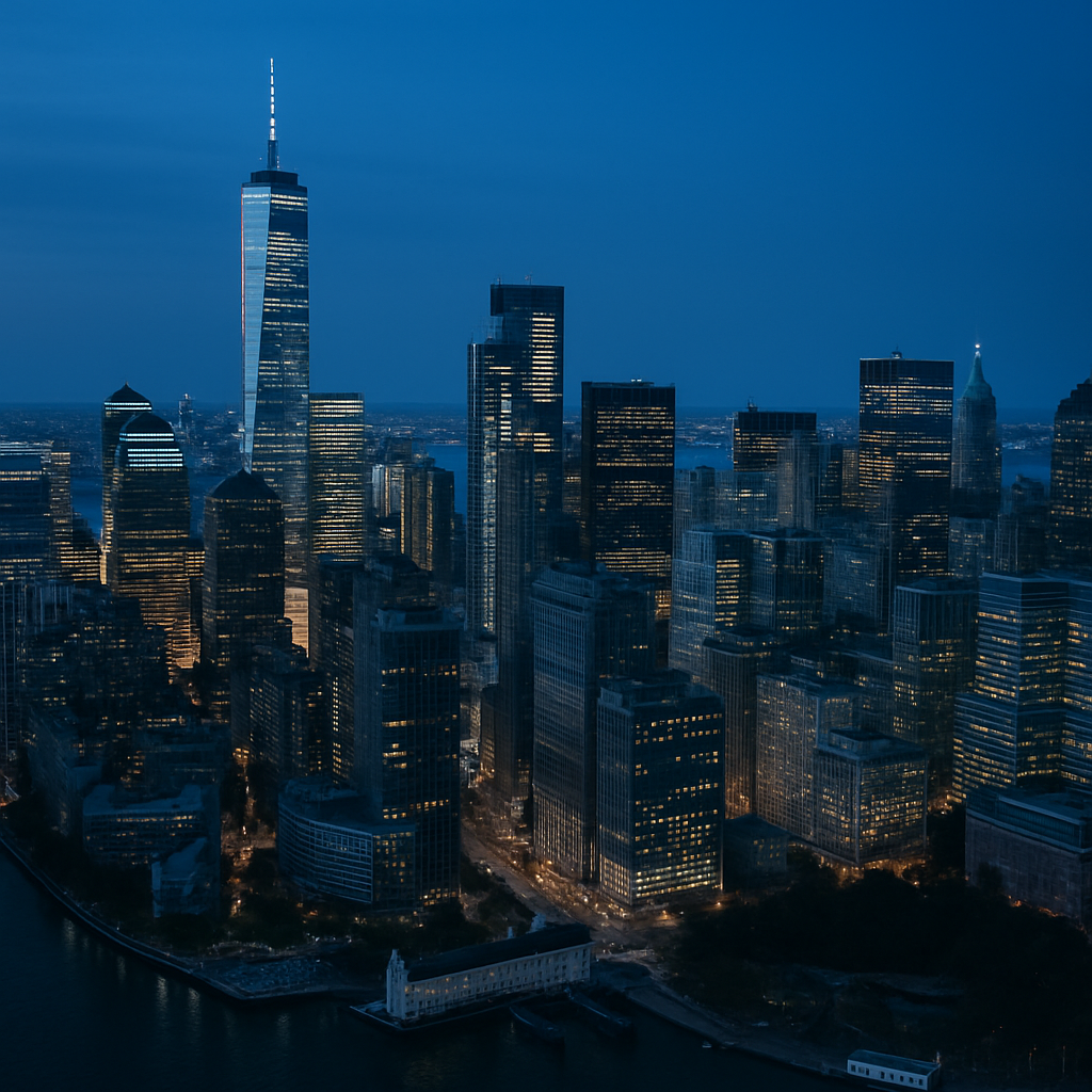 Aerial view of the NYC Financial District at blue hour with illuminated skyscrapers, used to illustrate weekly Treasury yield and credit market analysis.