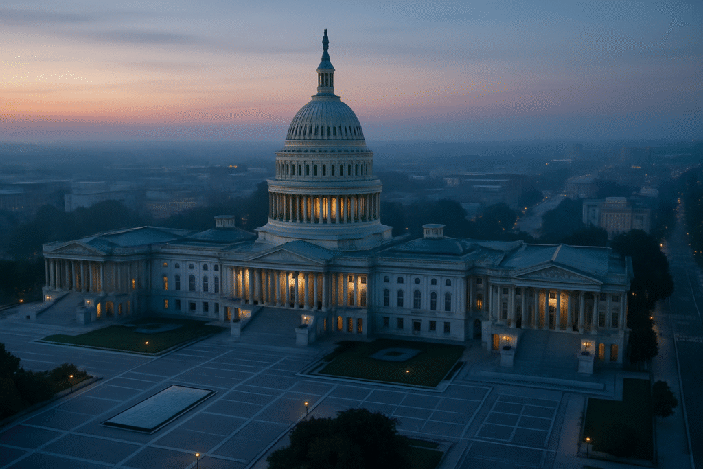 U.S. Capitol building at dawn during government shutdown, symbolizing Treasury yield and fixed income market uncertainty.