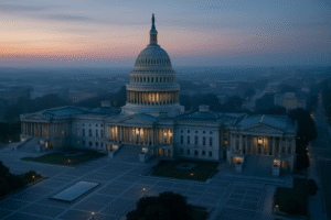 U.S. Capitol building at dawn during government shutdown, symbolizing Treasury yield and fixed income market uncertainty.