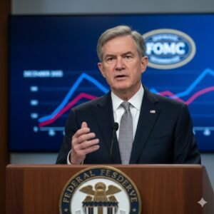 Federal Reserve Chair Jerome Powell announcing the December 2025 FOMC rate cut decision and hawkish policy guidance.