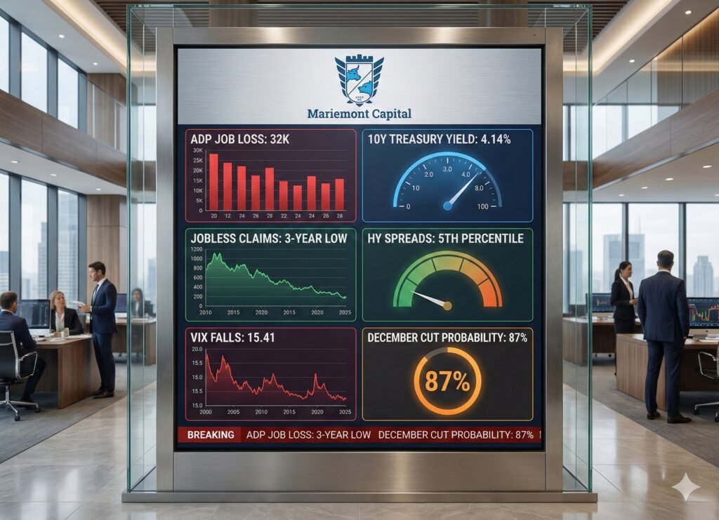 Financial dashboard visualization by Mariemont Capital showing ADP job loss of 32K, 10-year Treasury yield rising to 4.14%, High Yield spreads at the 5th percentile, and an 87% probability of a December Fed rate cut in 2025.