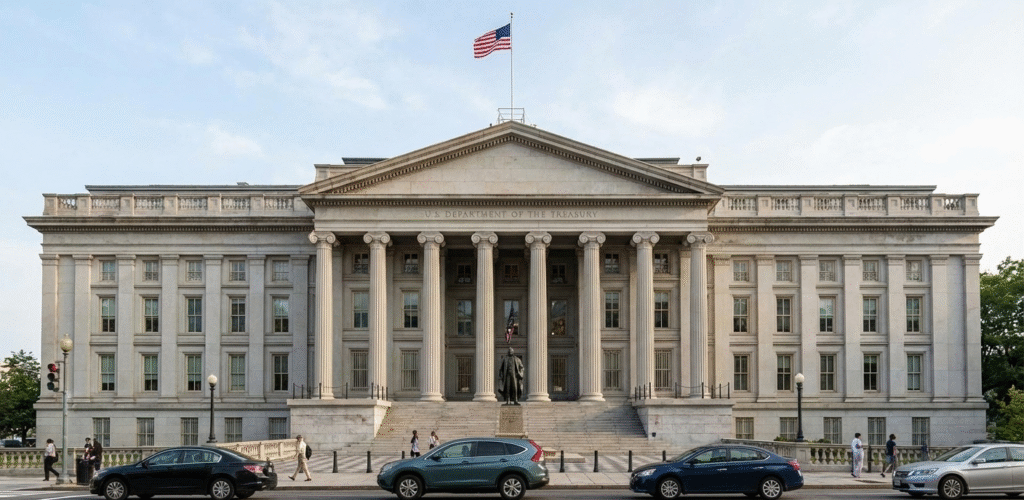 U.S. Treasury Building in Washington D.C. representing Treasury yields and fixed income market analysis for January 2026