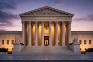 Supreme Court building at dusk representing the IEEPA tariffs ruling and its impact on Treasury yields and the rate outlook