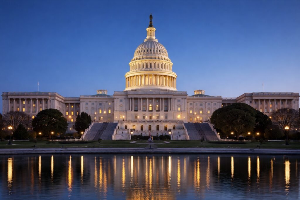 United States Capitol at twilight in Washington DC symbolizing U.S. fiscal policy, interest rates, and macroeconomic outlook