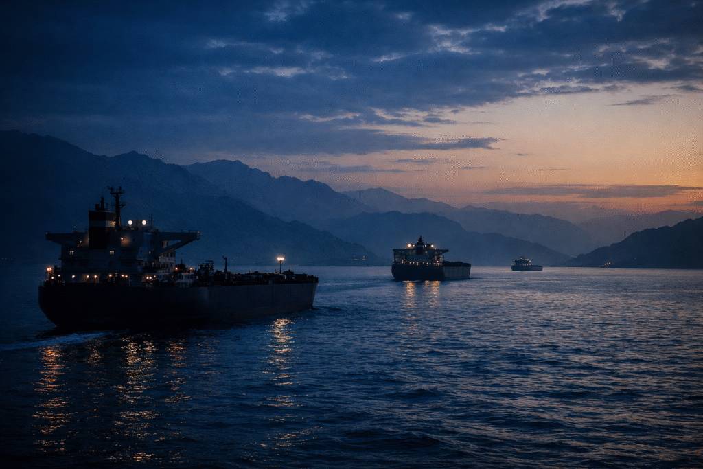 Strait of Hormuz shipping corridor at dusk with oil tankers amid geopolitical tension and rising energy prices in March 2026