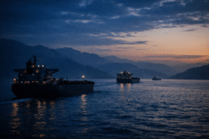 Strait of Hormuz shipping corridor at dusk with oil tankers amid geopolitical tension and rising energy prices in March 2026