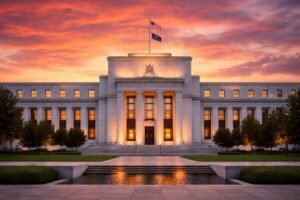 Federal Reserve building in Washington DC at sunset ahead of the March 2026 FOMC meeting as Treasury yields approach 5%