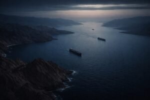 Oil tankers transiting the Strait of Hormuz during the March 2026 Iran oil shock that pushed Treasury yields higher and fueled stagflation fears.