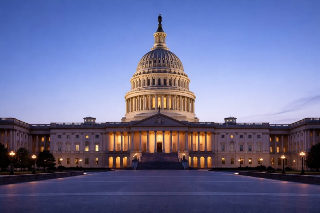 U.S. Capitol at blue hour representing Treasury yields falling below 4% in February 2026