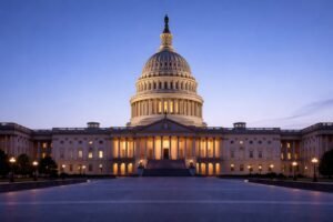 U.S. Capitol at blue hour representing Treasury yields falling below 4% in February 2026