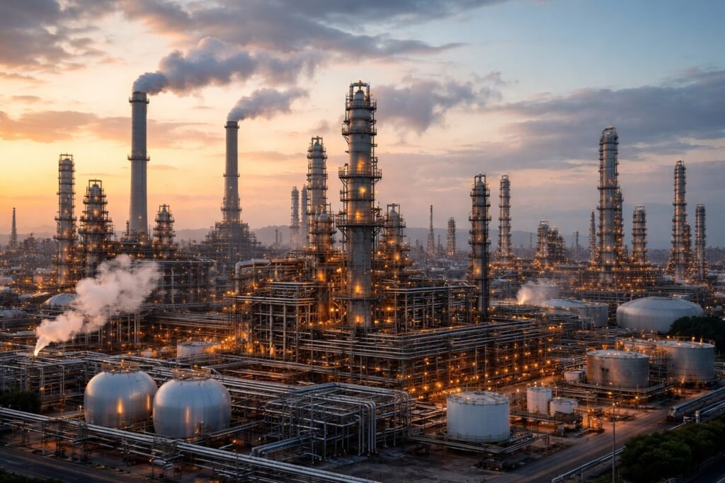 Oil refinery at dusk reflecting the Iran war supply disruption driving Treasury yields higher in March 2026
