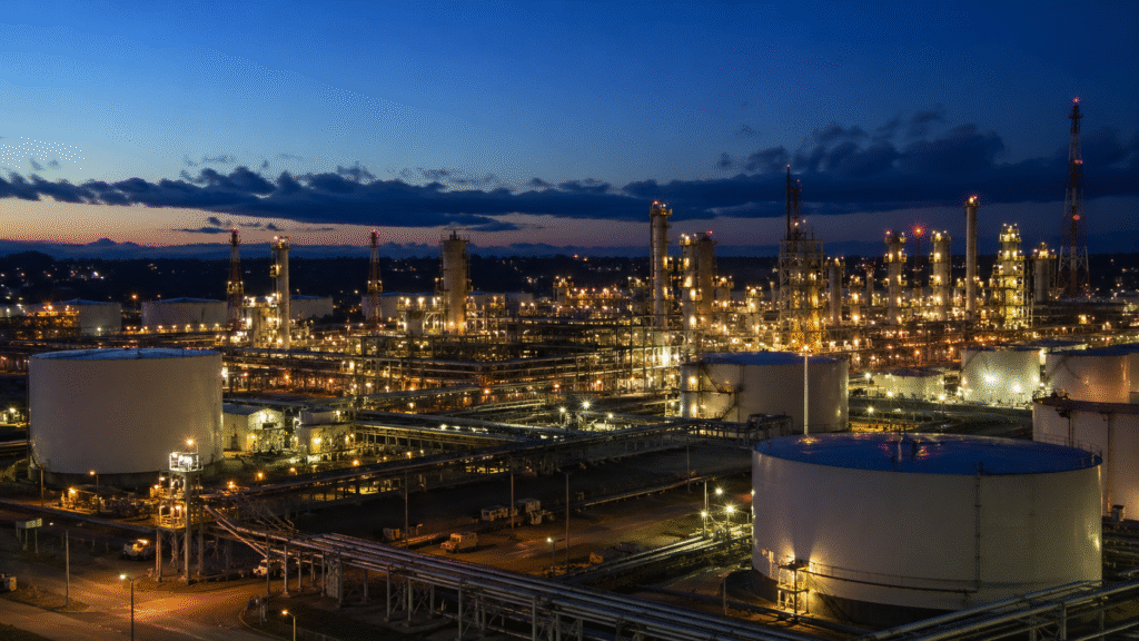 Oil refinery at blue hour as energy shock pressures Treasury yields