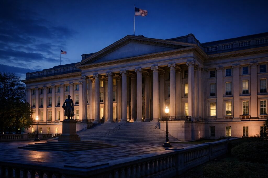U.S. Treasury Building at blue hour in Washington, D.C., symbolizing Treasury yields, Federal Reserve policy, and fixed income markets.
