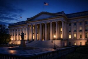 U.S. Treasury Building at blue hour in Washington, D.C., symbolizing Treasury yields, Federal Reserve policy, and fixed income markets.