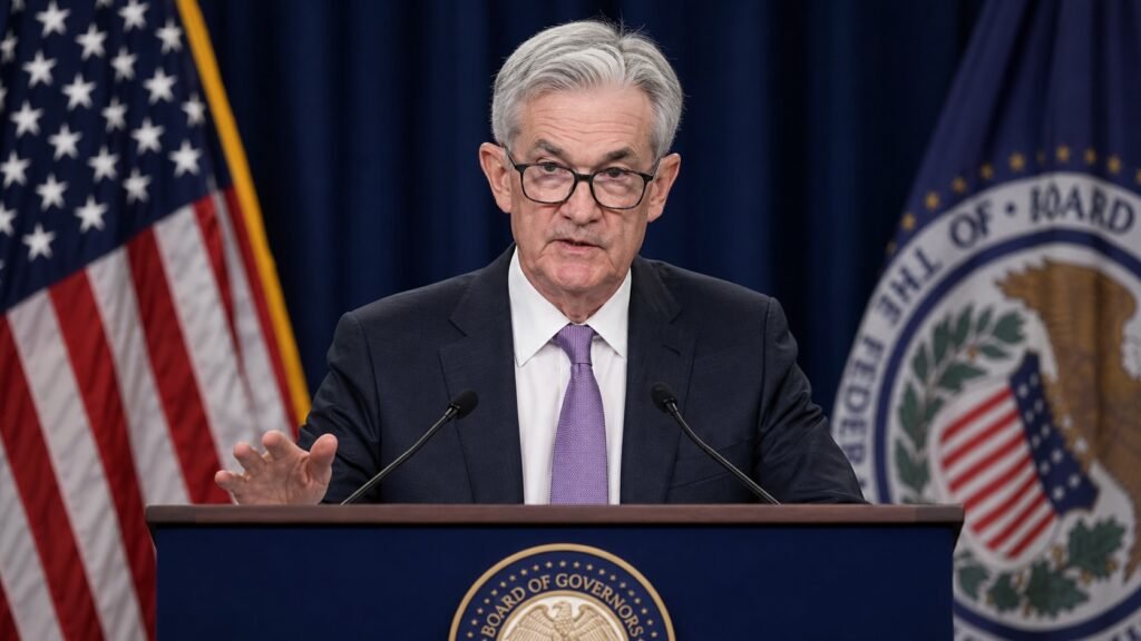 Jerome Powell speaking at the Federal Reserve podium after the April 2026 FOMC meeting
