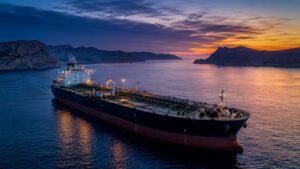 Photorealistic oil tanker sailing through the Strait of Hormuz at dusk during the 2026 energy supply disruption