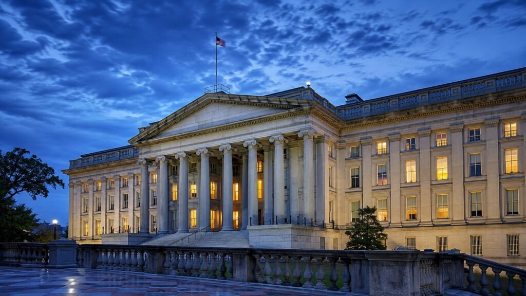 Photorealistic blue hour view of the U.S. Treasury Building in Washington, D.C. for analysis of Treasury refunding and bond yields