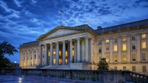Photorealistic blue hour view of the U.S. Treasury Building in Washington, D.C. for analysis of Treasury refunding and bond yields