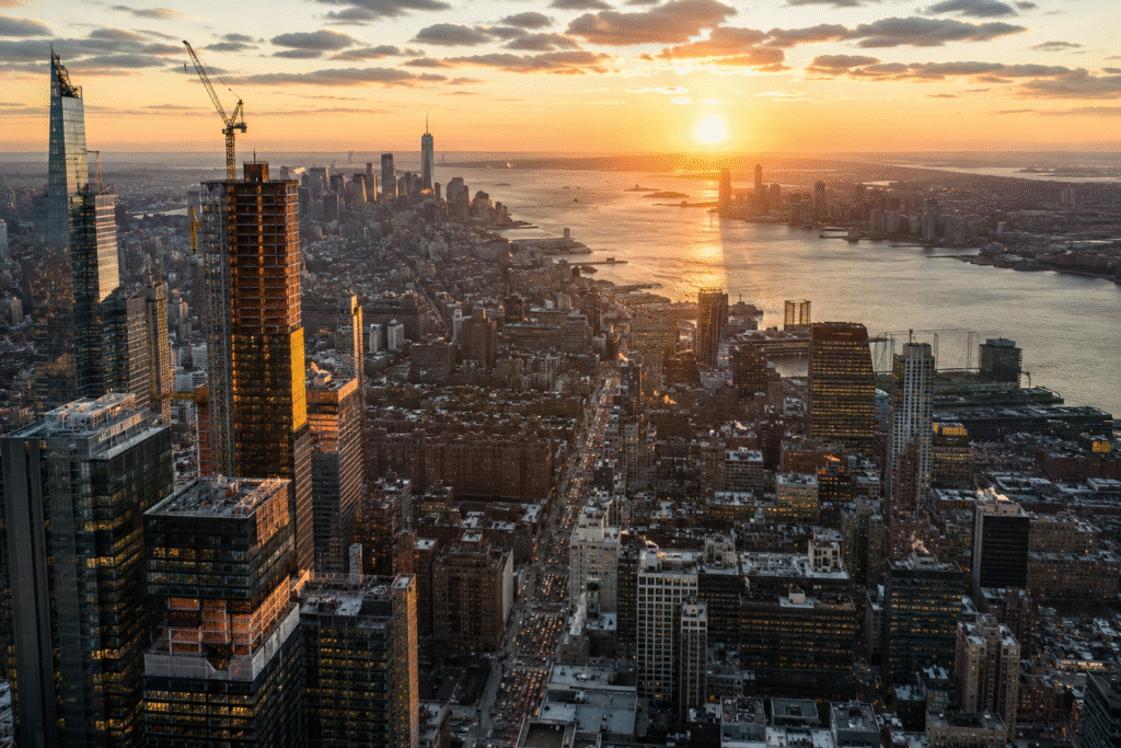 Aerial view of New York City at sunrise with construction cranes, office buildings, and active economic activity, representing a strong U.S. labor market following the May 2026 jobs report.