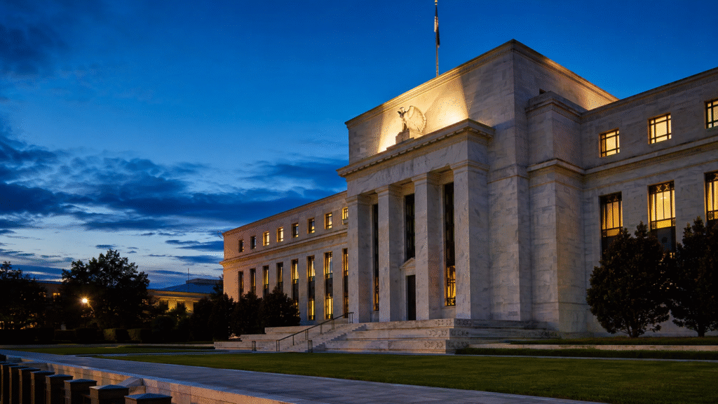 Federal Reserve building at dusk following the June 2026 FOMC meeting and hawkish shift in interest-rate policy