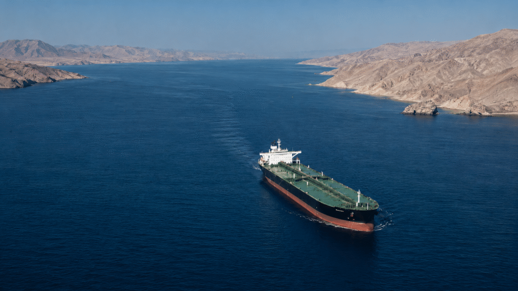 Oil tanker traveling through the Strait of Hormuz between rugged desert coastlines