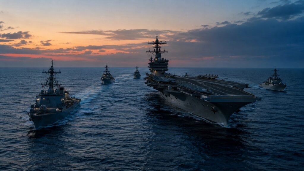 U.S. naval ships and an aircraft carrier move through open water at dusk as geopolitical tensions influence oil prices and Treasury yields.