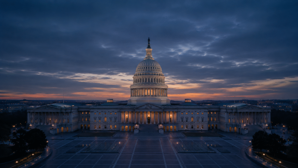 U.S. Treasury Building in early morning haze with the Capitol in the distance, after FOMC minutes July 2026 revealed a split Fed and the 30-year auction cleared at 5.06%