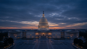 U.S. Treasury Building in early morning haze with the Capitol in the distance, after FOMC minutes July 2026 revealed a split Fed and the 30-year auction cleared at 5.06%