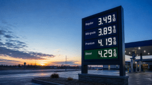 A modern American gas station before sunrise with an illuminated fuel-price sign in the foreground and an empty roadway stretching toward a cool blue horizon, reflecting the falling gasoline prices behind the June 2026 CPI decline.