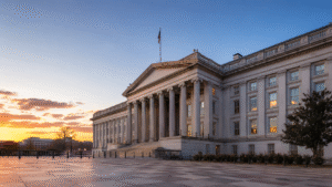 U.S. Treasury building at dawn following the June 2026 jobs report, as Treasury yields rose and the 30-year approached 5%