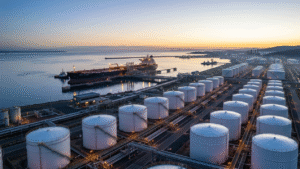 Crude oil storage tanks and a moored tanker at a marine terminal at dawn, reflecting the energy supply concerns that drove Treasury yields higher in July 2026.