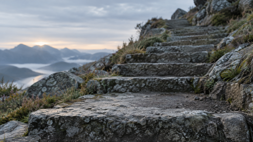 Stone staircase climbing a hillside with the first step in focus, illustrating the Fed rate decision September 2026, the first rate increase since 2023 with a further hike projected