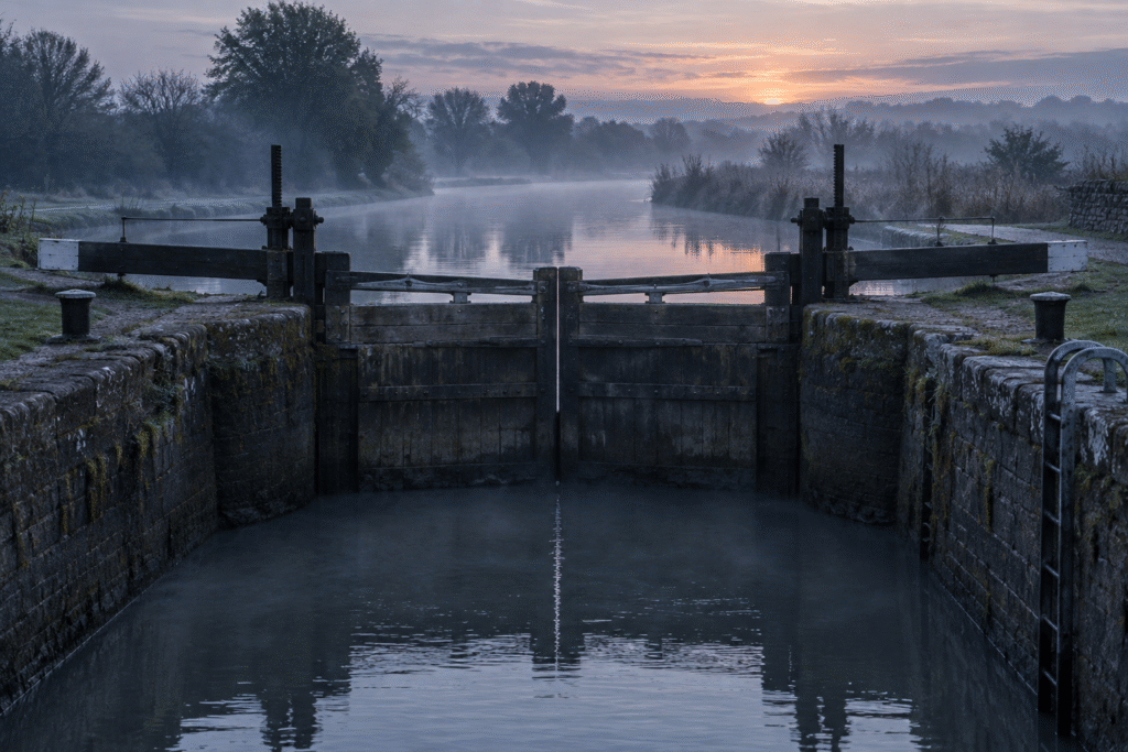 Canal lock at dawn with water stepped higher in the upper chamber, illustrating the August 2026 CPI week in which Treasury yields rose across the curve and the 2-year led