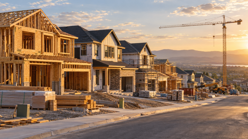 Treasury yields September 2026: rows of new homes under construction with a crane as mortgage rates reach 7.03% and the 30-year Treasury sets a five-year high at 5.49%
