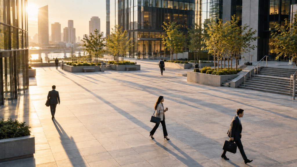 Office commuters crossing a downtown plaza in early morning light, illustrating the September 2026 jobs report and slower payroll growth