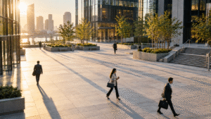 Office commuters crossing a downtown plaza in early morning light, illustrating the September 2026 jobs report and slower payroll growth